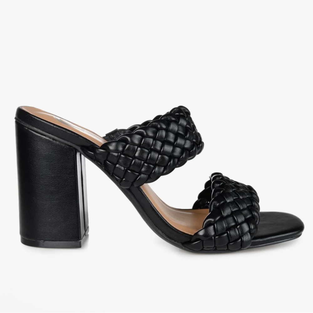 Bamboo Black Woven Braided Square Toe Block Heels Sandals Size 8.5 Vegan Leather - Picture 2 of 9